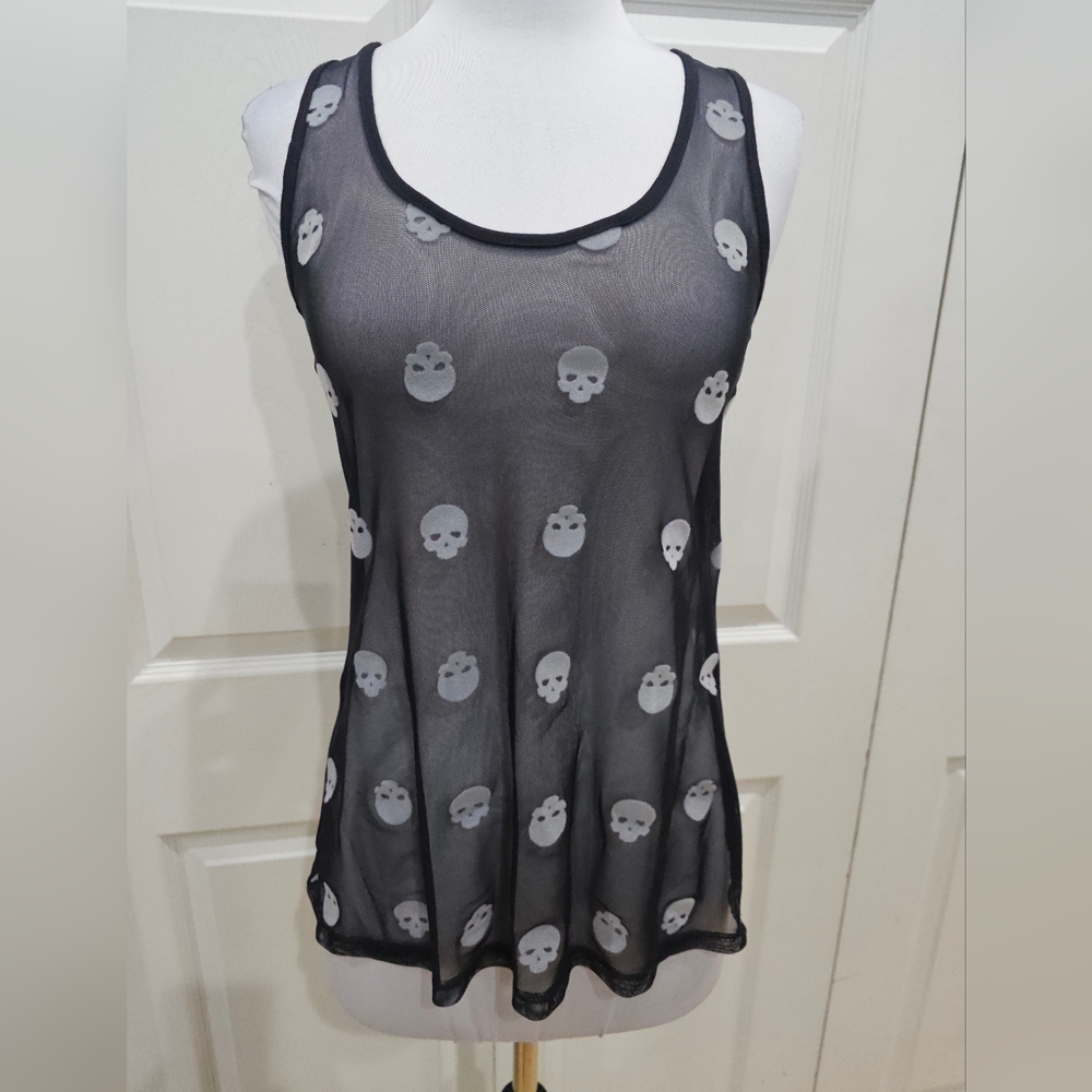 Hot Topic Punk Goth Teenage Runaway Black Sheer Mesh Tank Top w White Skulls S
